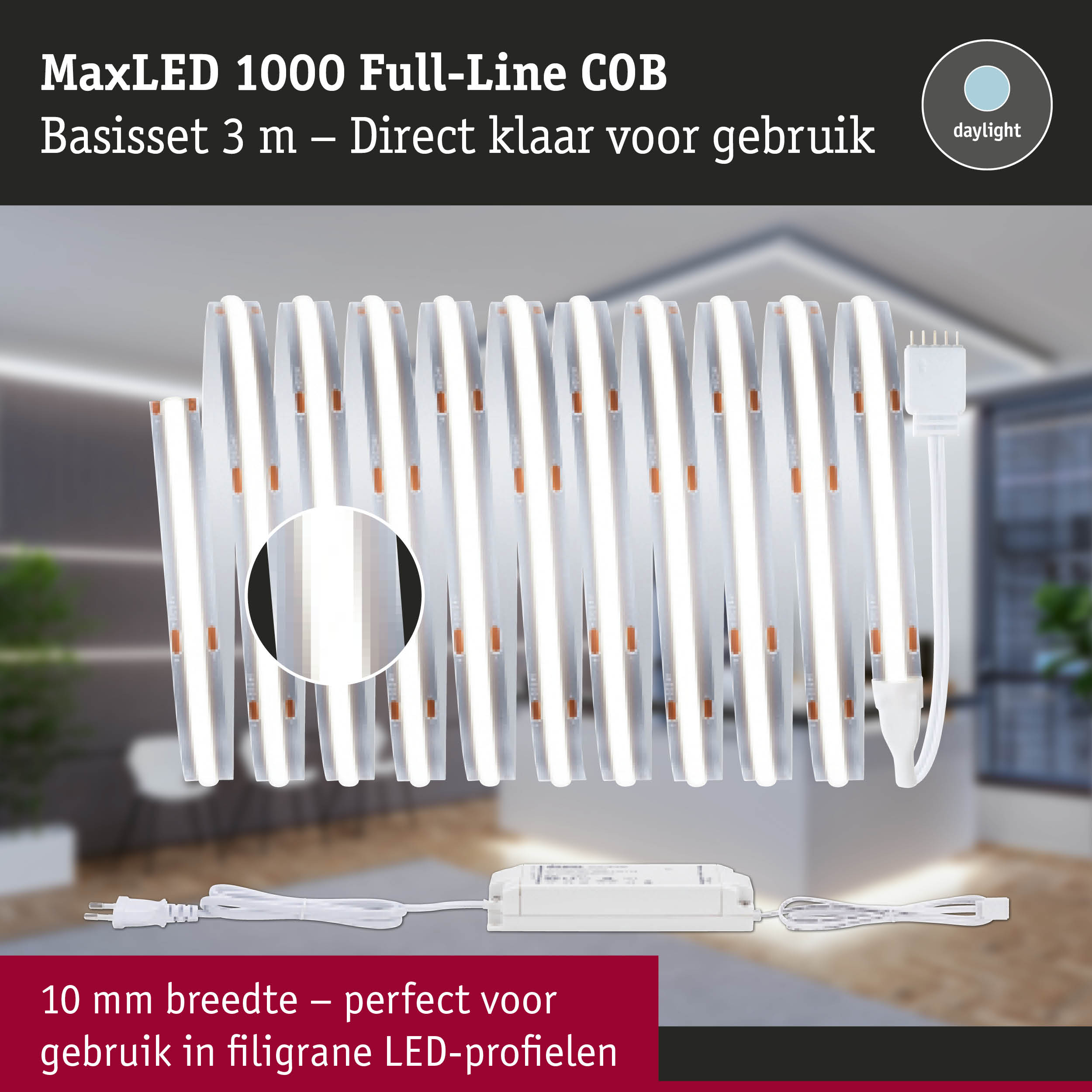 MaxLED 1000 Full-Line COB LED-strip 3 m daglichtkleur, 10 mm breed met voeding inbegrepen