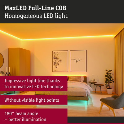 Modern bedroom featuring MaxLED Full-Line COB homogeneous LED light strip with warm white illumination