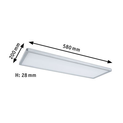 Rechteckige LED-Deckenleuchte aus Aluminium in Silber mit Maßen 580x200x28 mm für moderne Beleuchtung