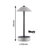 Lampe de table moderne avec abat-jour et base en cuir gris, tige en métal noir, câble USB inclus, 330 mm de haut.