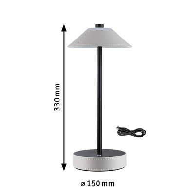 Lampe de table moderne avec abat-jour et base en cuir gris, tige en métal noir, câble USB inclus, 330 mm de haut.