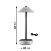 Moderne Tischleuchte mit grauem Leder-Schirm und Sockel, schwarzem Metallstab, USB-Kabel inklusive, 330 mm hoch.