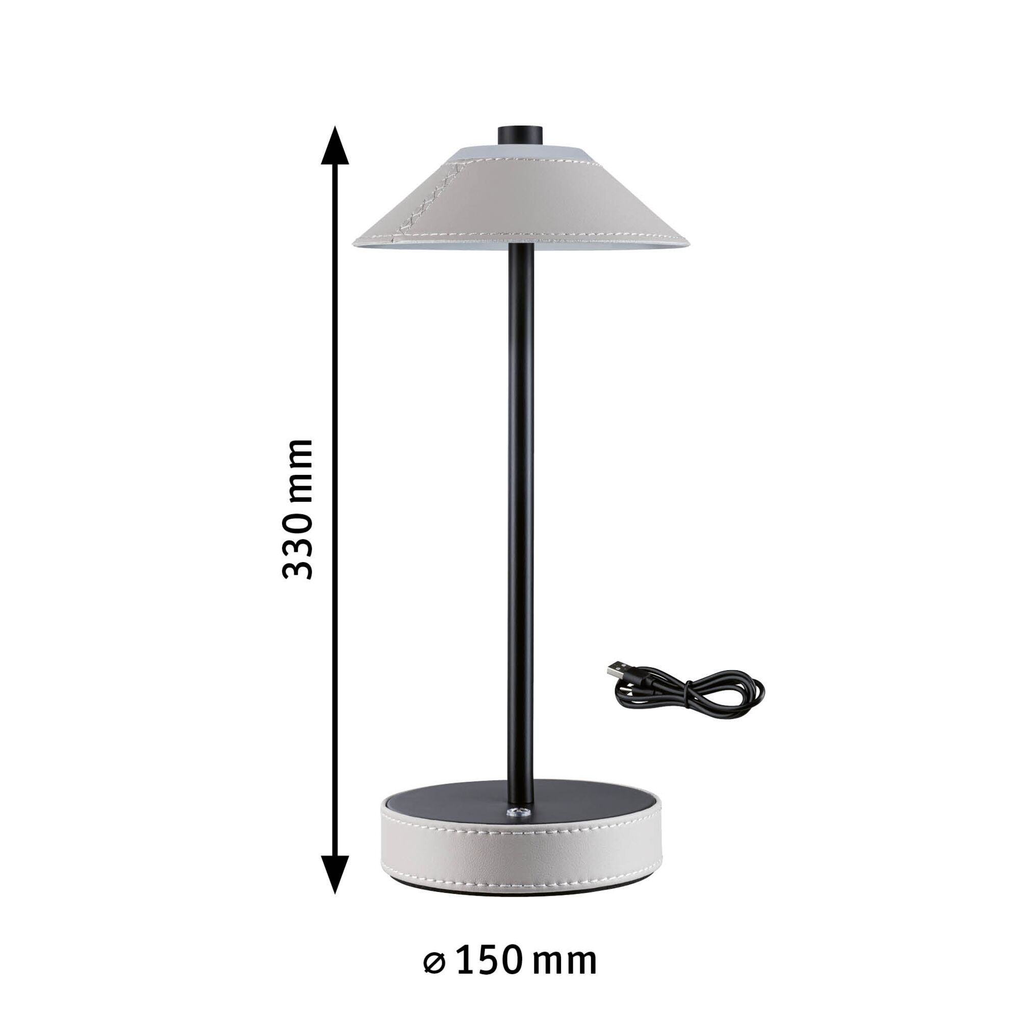 Moderne Tischleuchte mit grauem Leder-Schirm und Sockel, schwarzem Metallstab, USB-Kabel inklusive, 330 mm hoch.