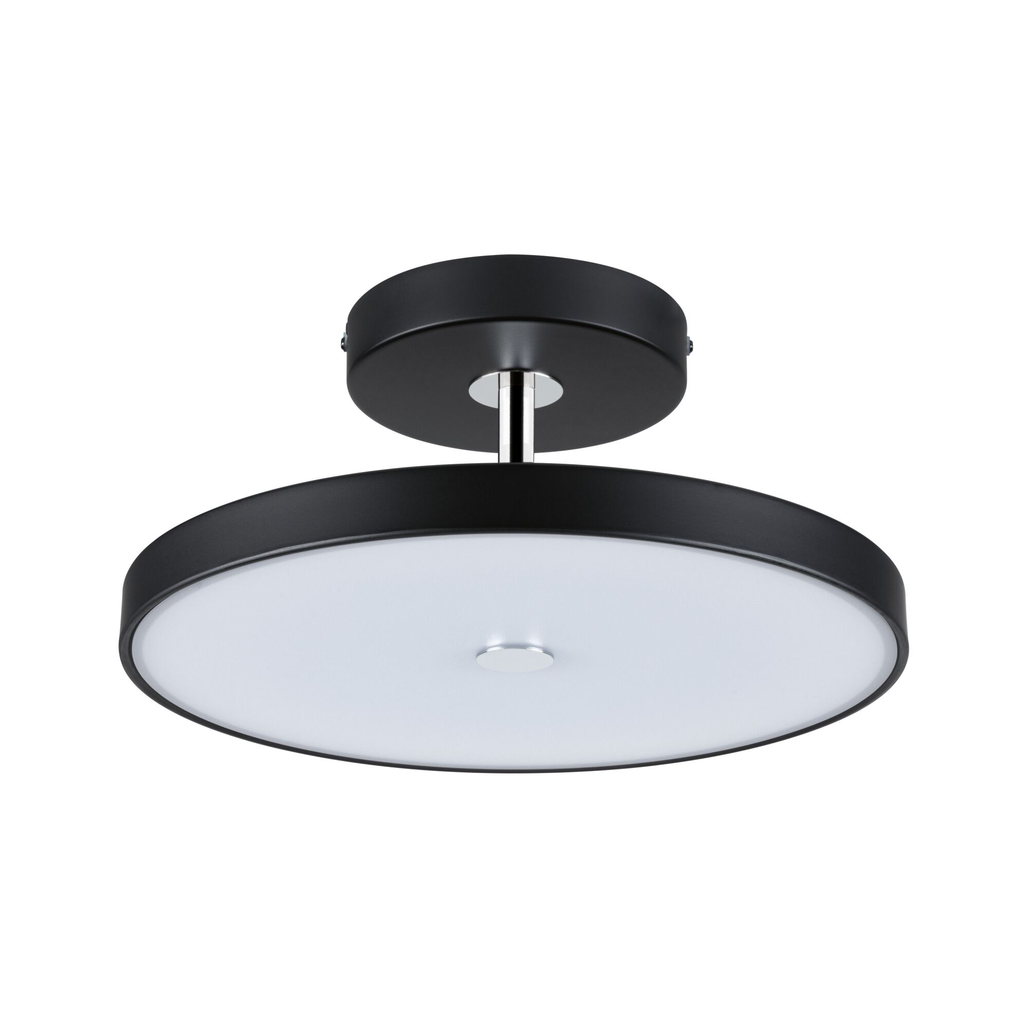 Rund loftlampe med sort metalramme og hvid diffuser til moderne belysning