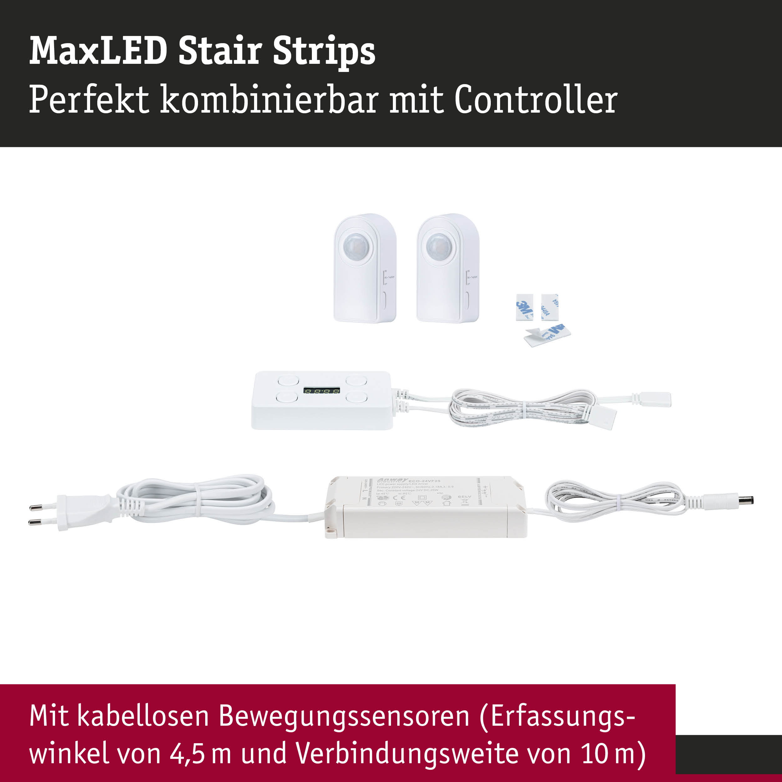 MaxLED Treppenlicht-Set mit kabellosen weißen Bewegungssensoren und Steuergerät für LED-Streifen