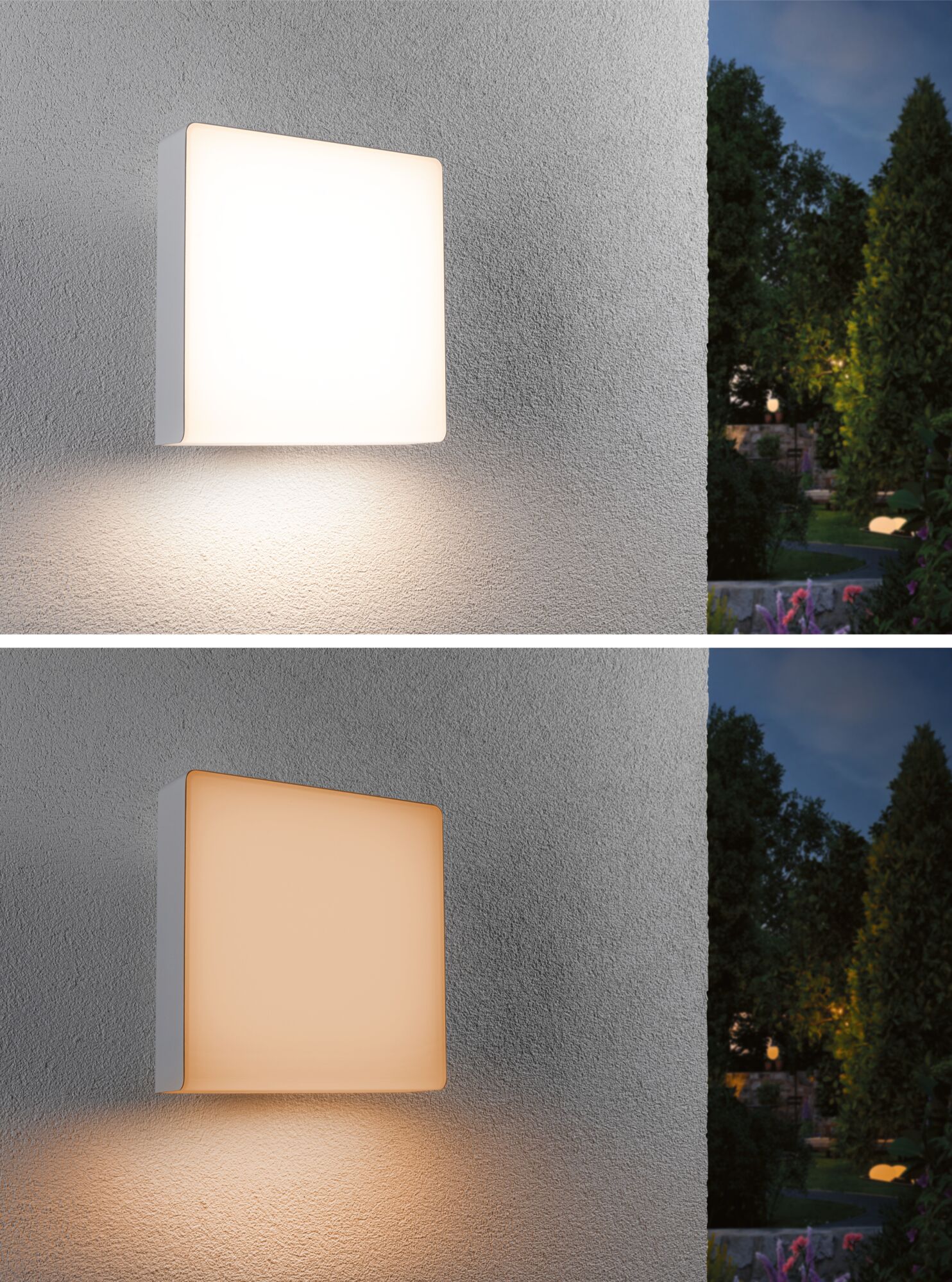 Square white outdoor wall light in plastic with warm and cool white light for garden illumination