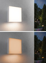 Square white outdoor wall light in plastic with warm and cool white light for garden illumination