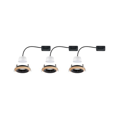 Three recessed spotlights with wooden trim and black inner ring, LED lights with cable and connector box.