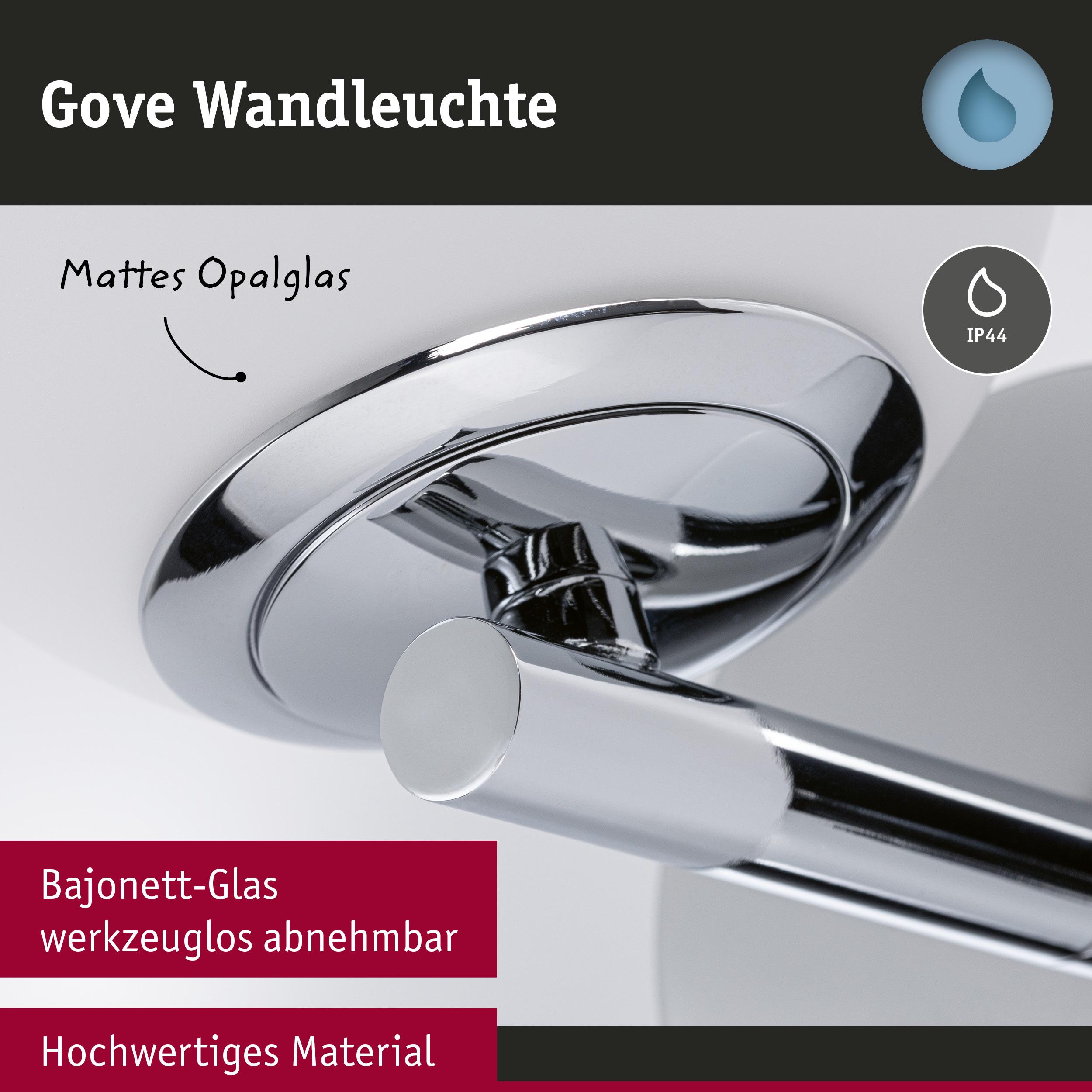 Gove Wandleuchte mit mattem Opalglas und hochwertigem Chrom-Material, IP44 Schutz für Badezimmerbeleuchtung