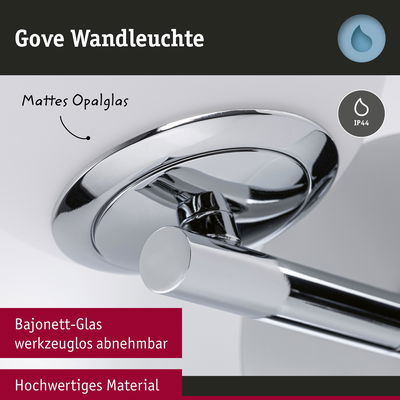 Gove Wandleuchte mit mattem Opalglas und hochwertigem Chrom-Material, IP44 Schutz für Badezimmerbeleuchtung