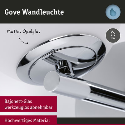 Gove Wandleuchte mit mattem Opalglas und hochwertigem Chrom-Material, IP44 Schutz für Badezimmerbeleuchtung