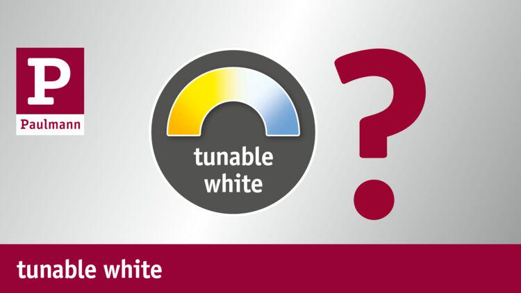 Grafik med Paulmann-logo og symbol for justerbart hvidt lys i gul-blå toner til LED-belysning.