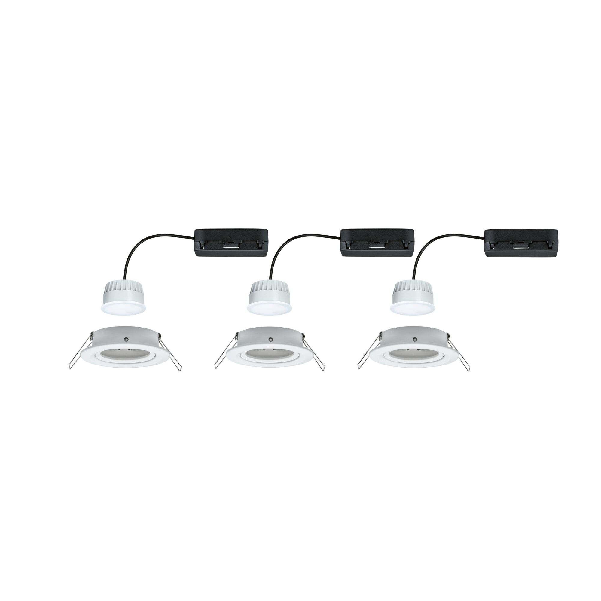 Three white LED recessed spotlights with black connection cables and mounting clips for ceiling installation.