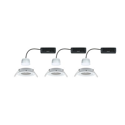 Three white LED recessed spotlights with black connection cables and mounting clips for ceiling installation.