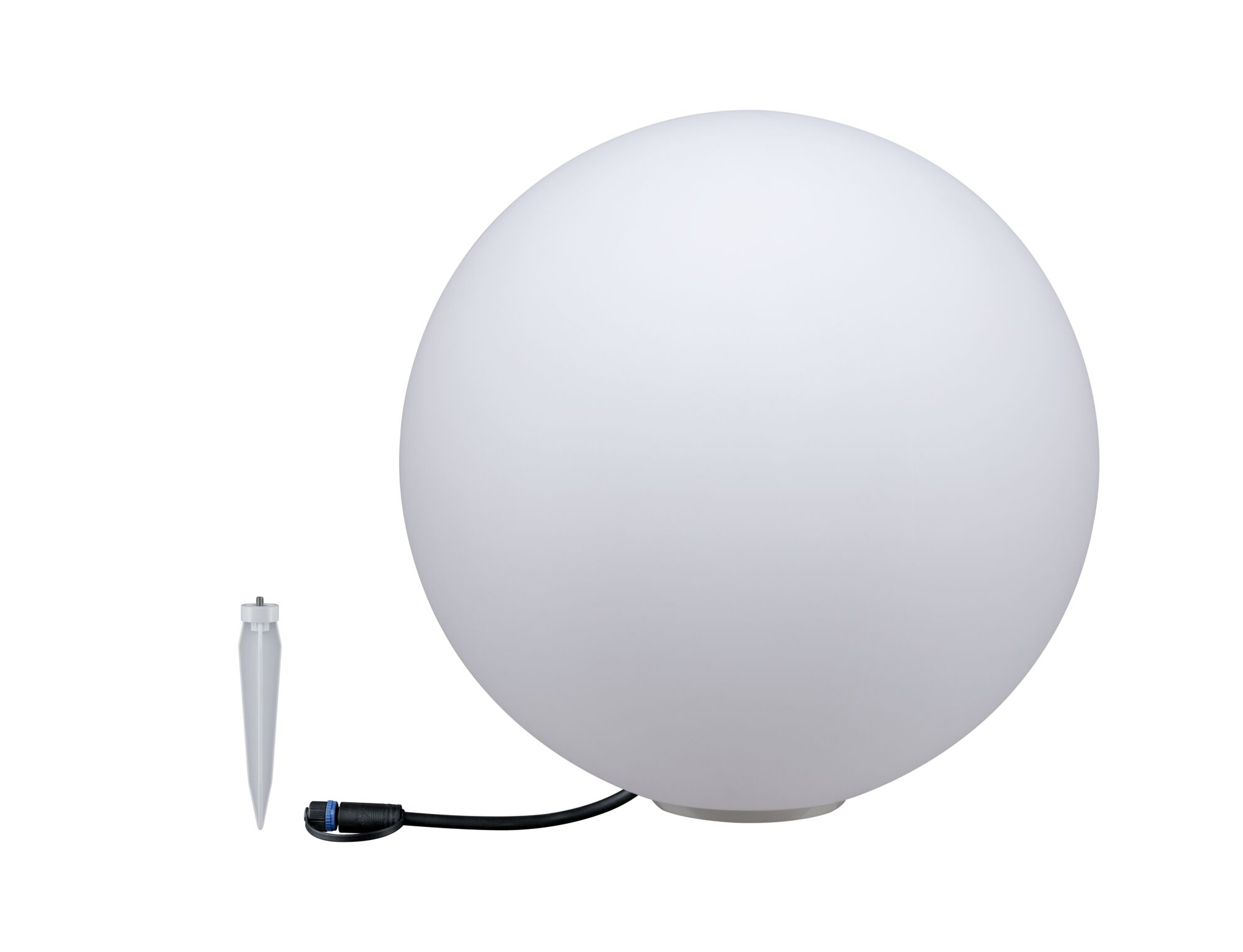 White plastic globe outdoor light with ground spike and cable for garden lighting