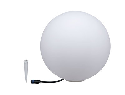 White plastic globe outdoor light with ground spike and cable for garden lighting