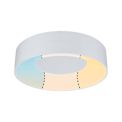Round white ceiling light with warm and cool white light for modern living spaces