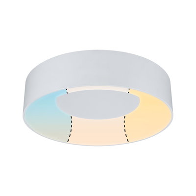 Round white ceiling light with warm and cool white light for modern living spaces