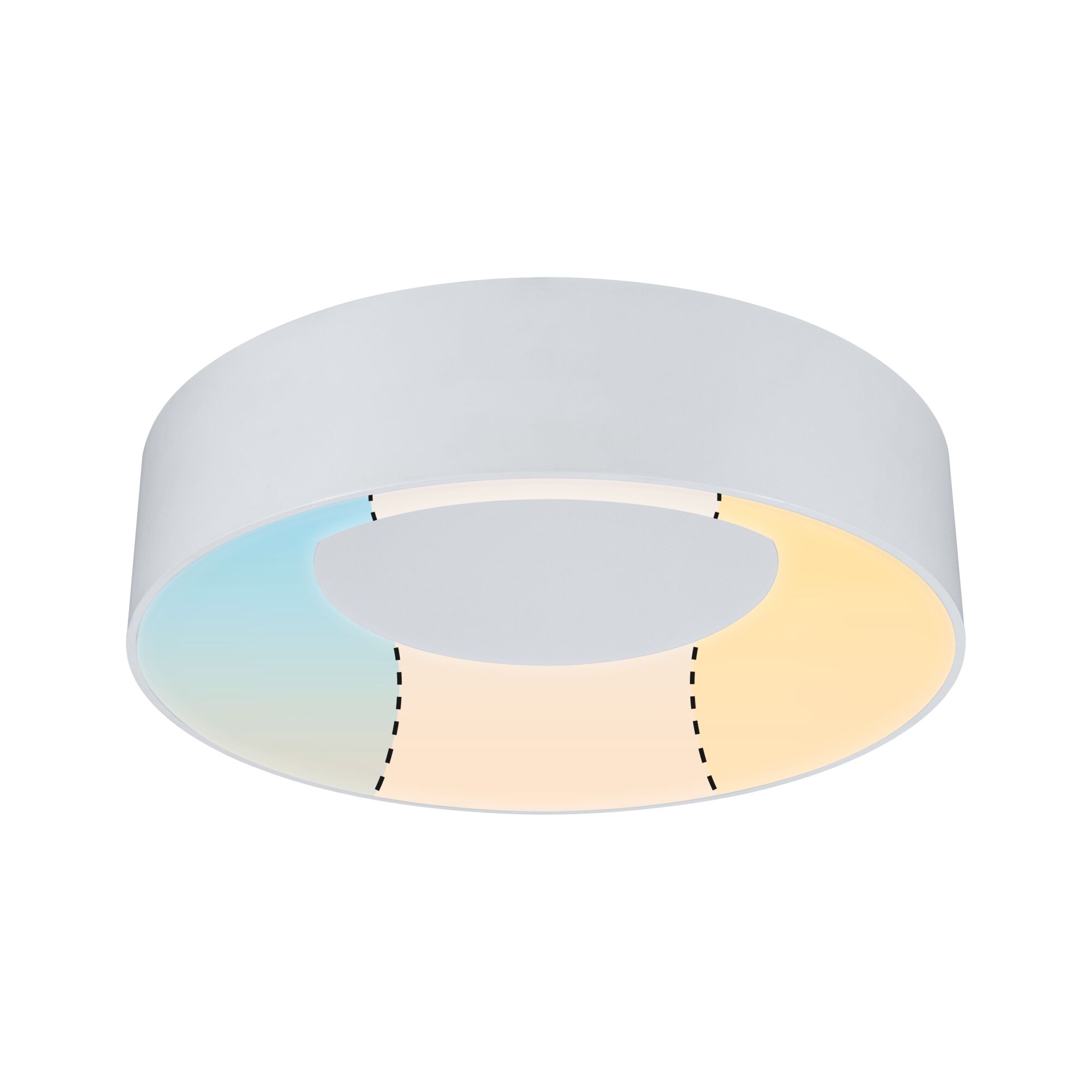 Round white ceiling light with warm and cool white light for modern living spaces