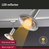 LED reflector with brushed metal and glass lens emitting warm white light, 24° beam angle