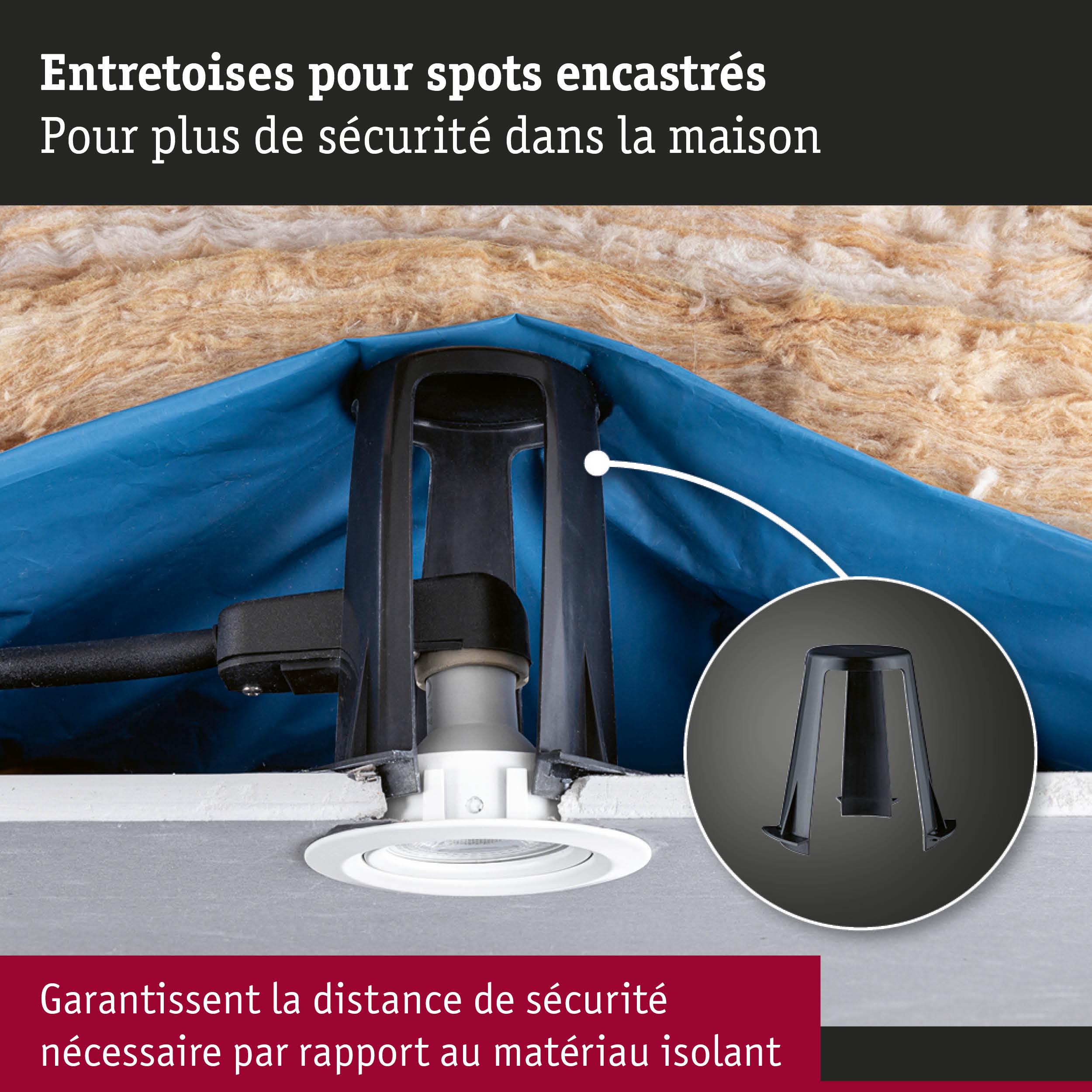 Entretoise noire en plastique pour spots encastrés garantissant la distance de sécurité avec l'isolant