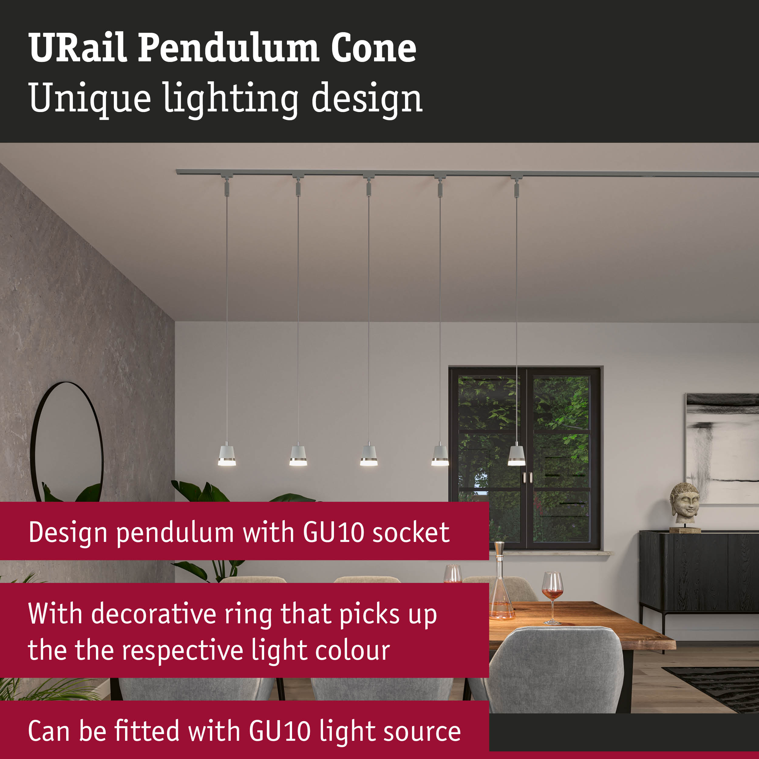 URail Pendulum Cone design pendant light with white GU10 socket for modern interior lighting