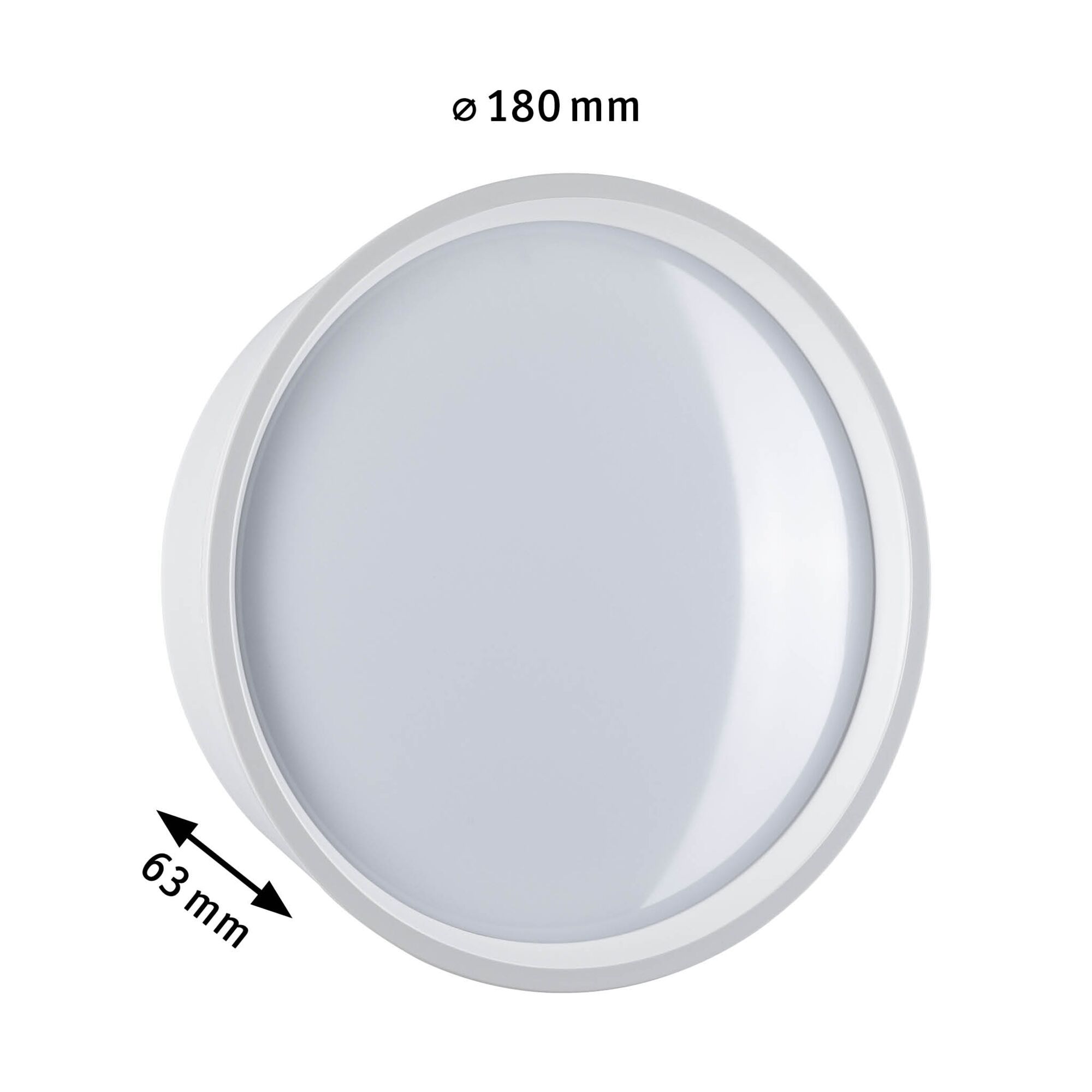 Rund hvid LED-loftlampe med 180 mm diameter og 63 mm dybde til moderne indendørs belysning