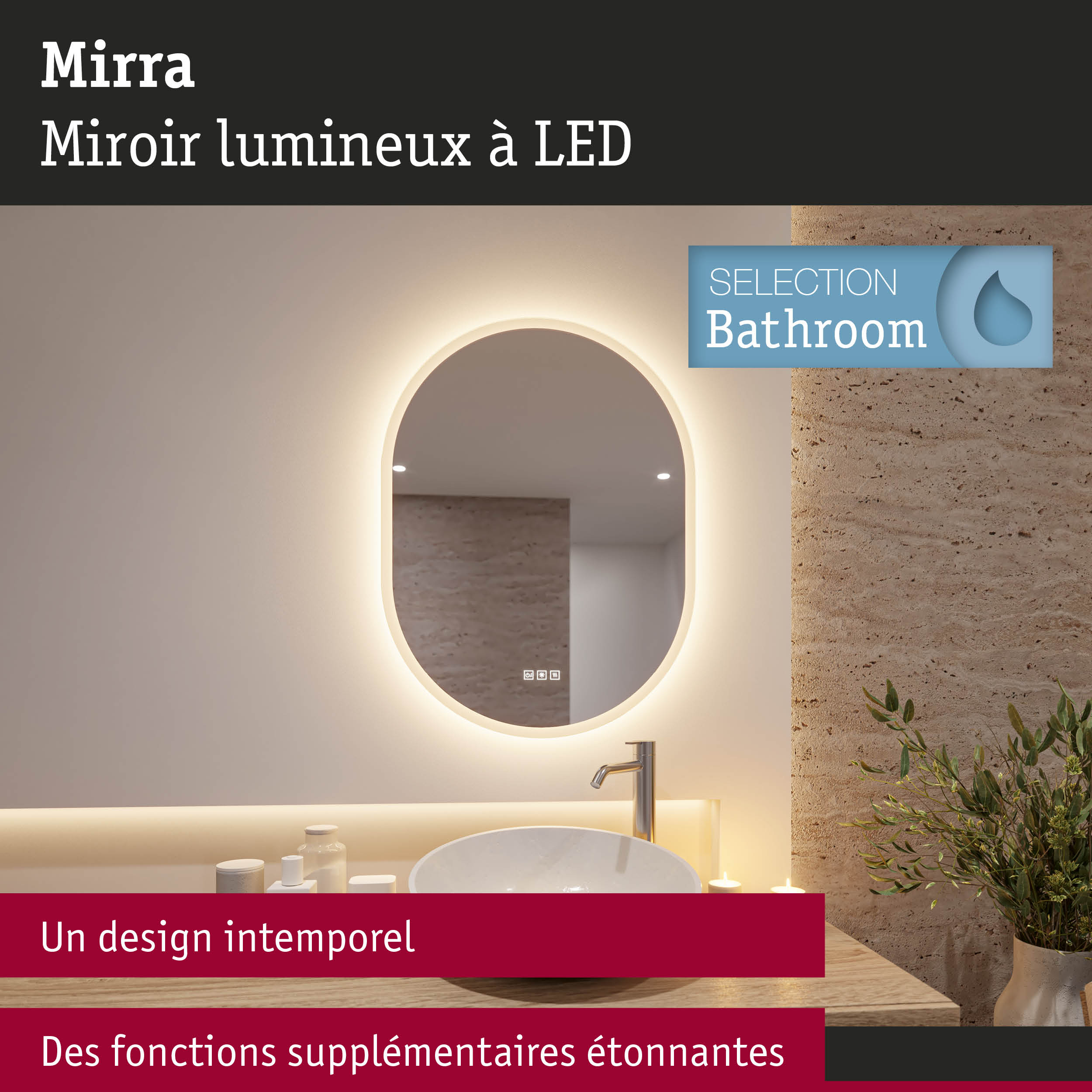 Miroir de salle de bain Mirra rond avec éclairage LED blanc chaud pour une décoration moderne