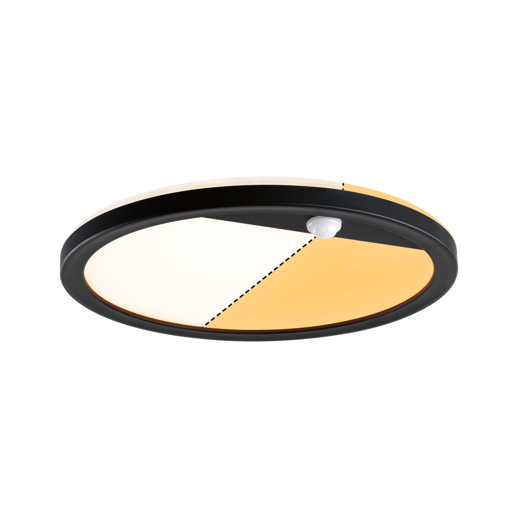 Panneau d'extérieur LED Lamina Backlight Détecteur de mouvement crépusculaire (IR) favorable aux insectes IP44 rond 280mm Tunable Warm 14W 1150lm 230V Noir Matière plastique Plafonnier rond avec cadre noir et éclairage LED bicolore blanc chaud et blanc froid