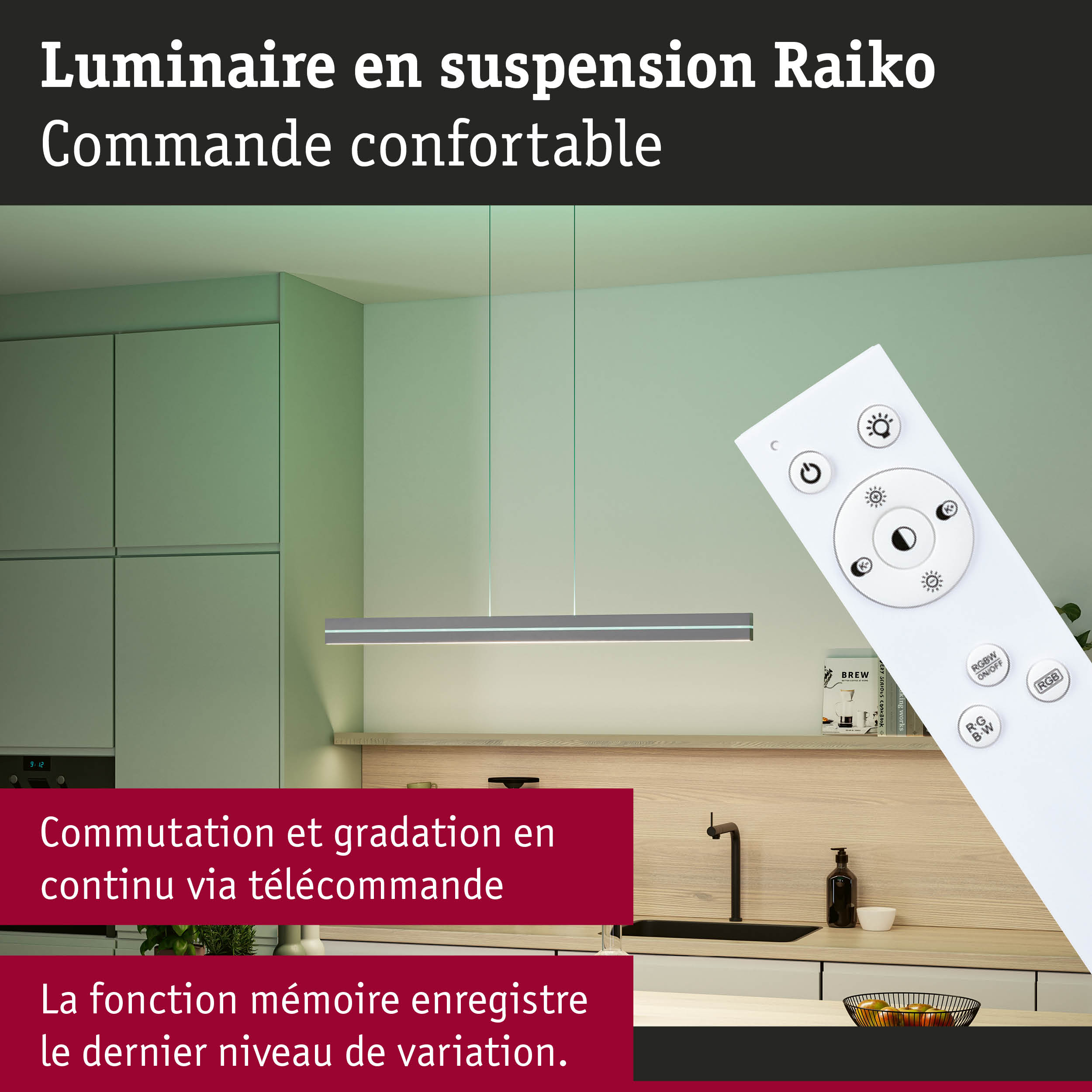 Luminaire suspendu Raiko gris avec télécommande pour variation continue de la lumière en cuisine
