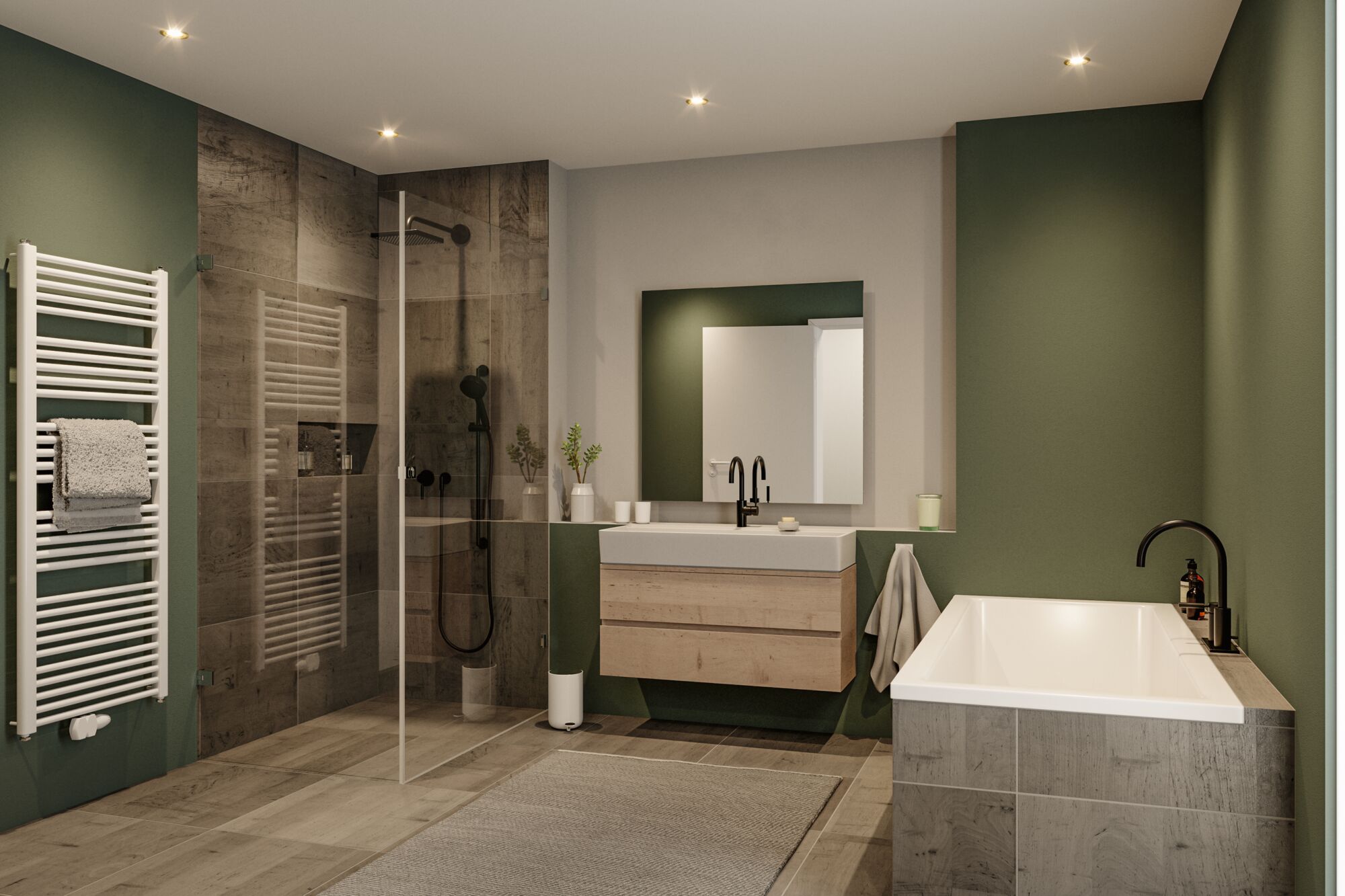 Modernes Badezimmer mit grün gestrichenen Wänden, Holzoptik-Fliesen, Badewanne und Glasdusche