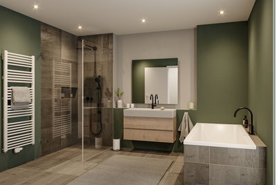 Modernes Badezimmer mit grün gestrichenen Wänden, Holzoptik-Fliesen, Badewanne und Glasdusche