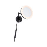 Black wall mirror with LED ring light and flexible arm, modern bathroom accessory