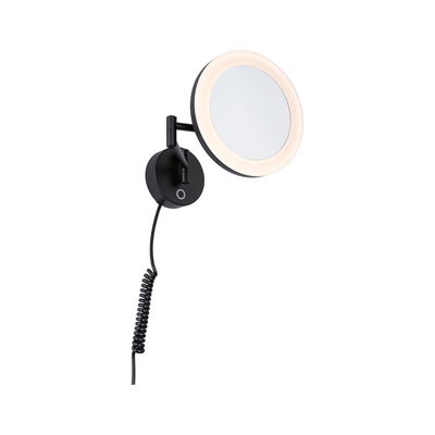 Black wall mirror with LED ring light and flexible arm, modern bathroom accessory