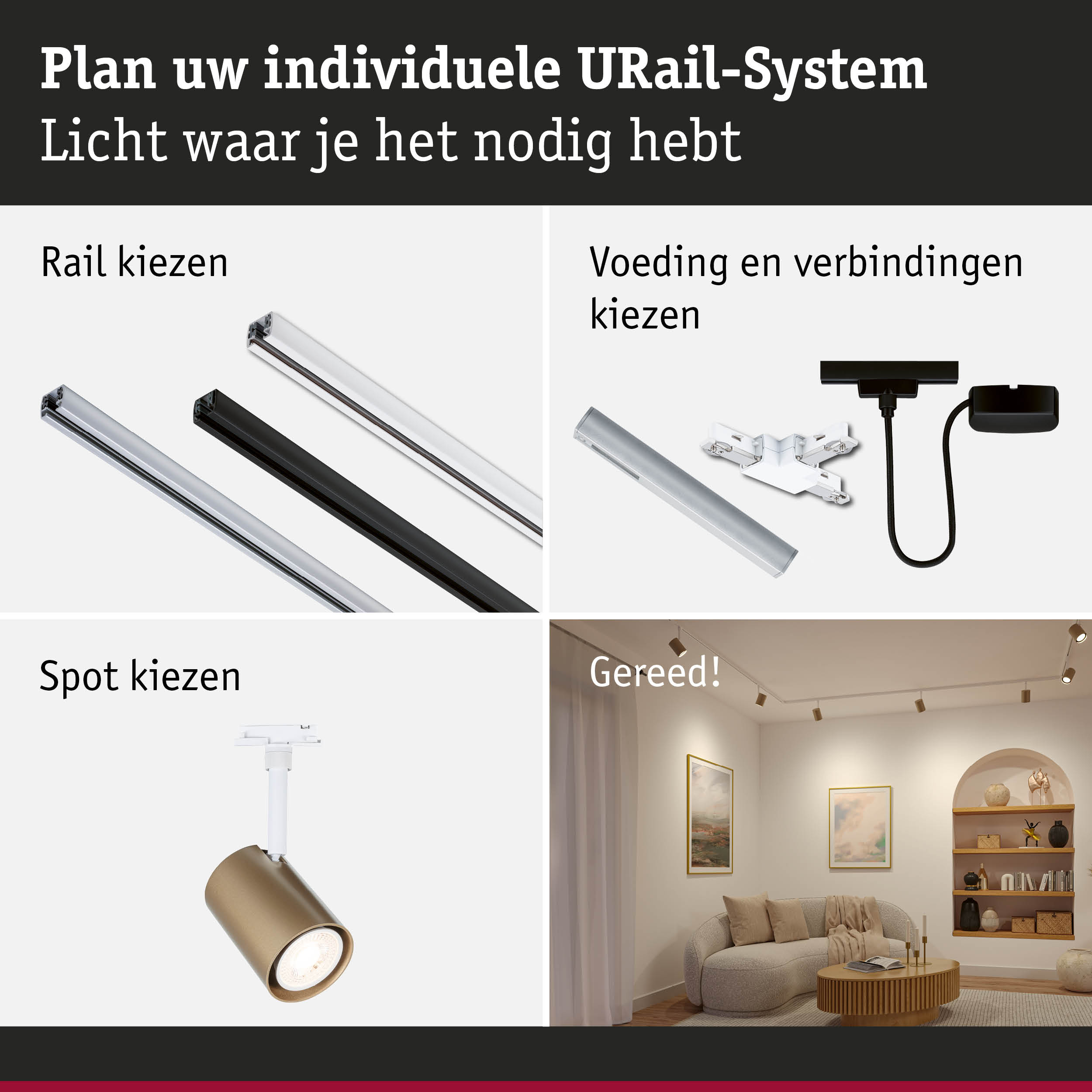 Modulair URail-systeem met witte en zwarte rails, verbindingsstukken en gouden spots in woonkamer