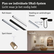 Modulair URail-systeem met witte en zwarte rails, verbindingsstukken en gouden spots in woonkamer