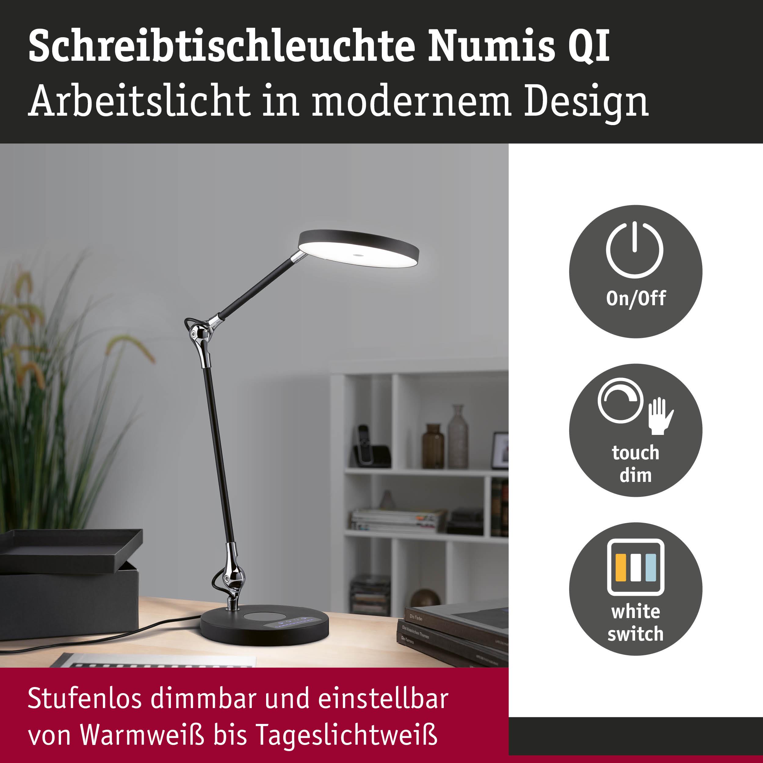 Schreibtischleuchte Numis QI in Schwarz mit dimmbarer Lichtfarbe von Warmweiß bis Tageslichtweiß
