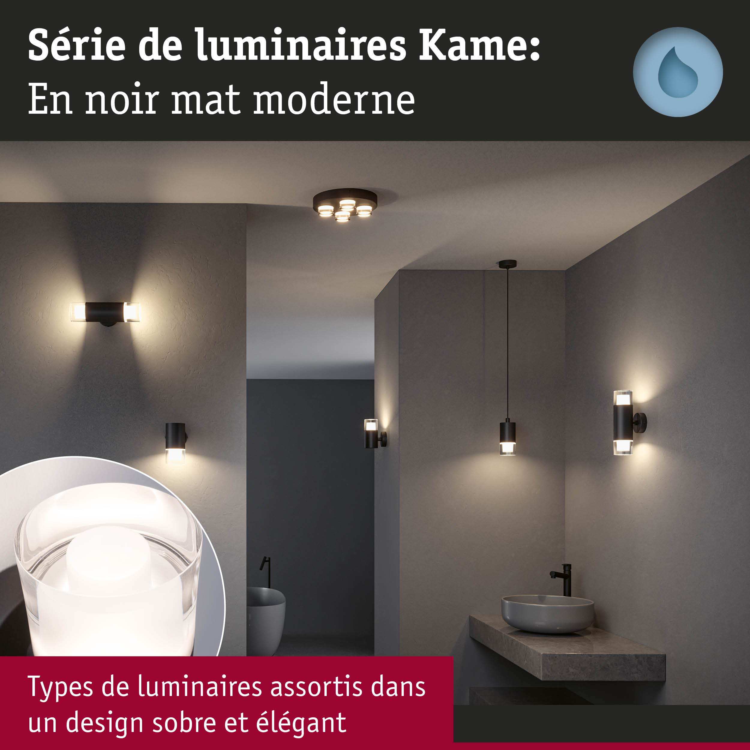 Série de luminaires Kame en noir mat avec appliques et plafonniers assortis dans une salle de bain moderne