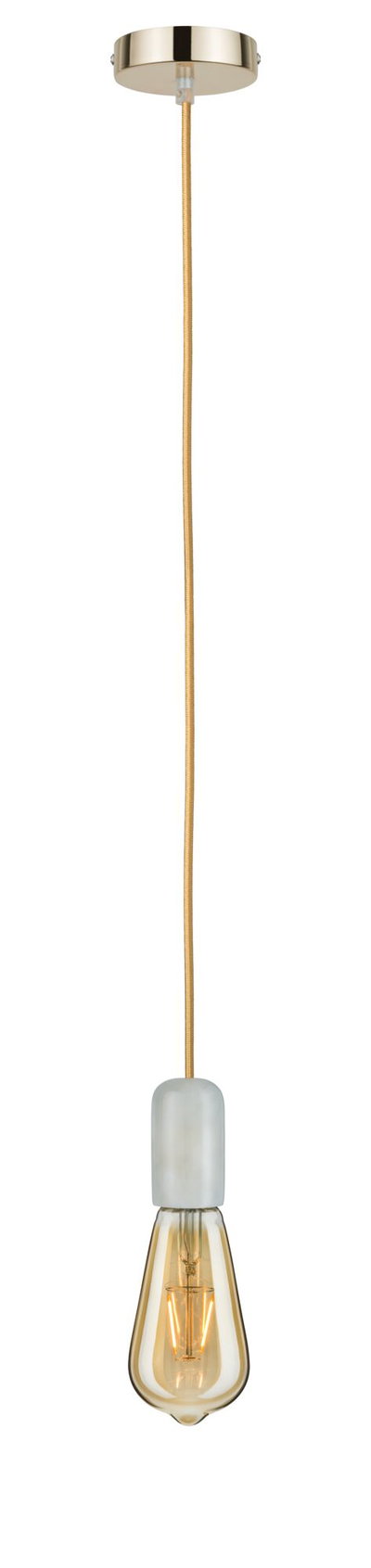 Suspension avec câble textile doré et ampoule ambrée pour un éclairage élégant et moderne