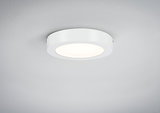 Round white metal LED ceiling light with diffused illumination for modern interiors