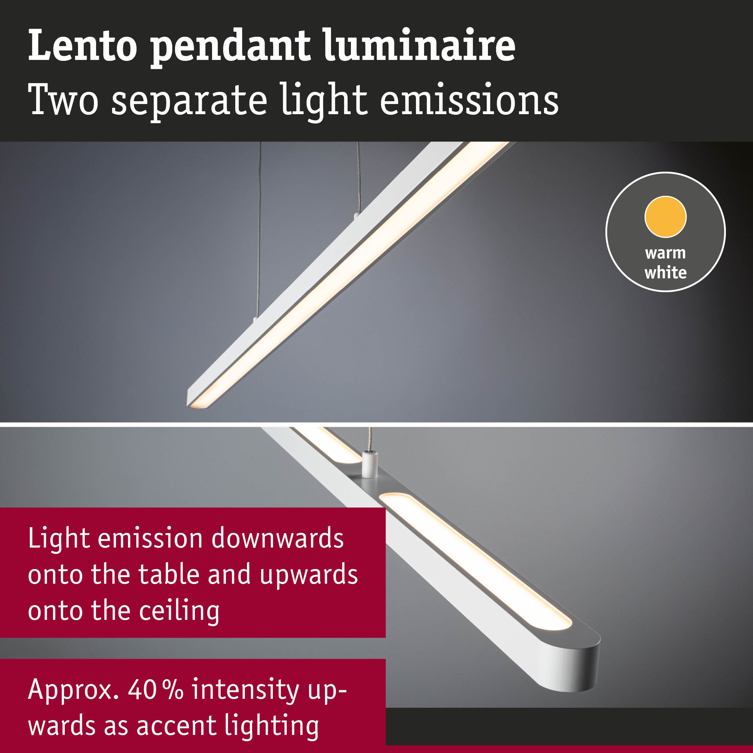 Lento white pendant luminaire with warm white light and two separate light emissions for accent lighting