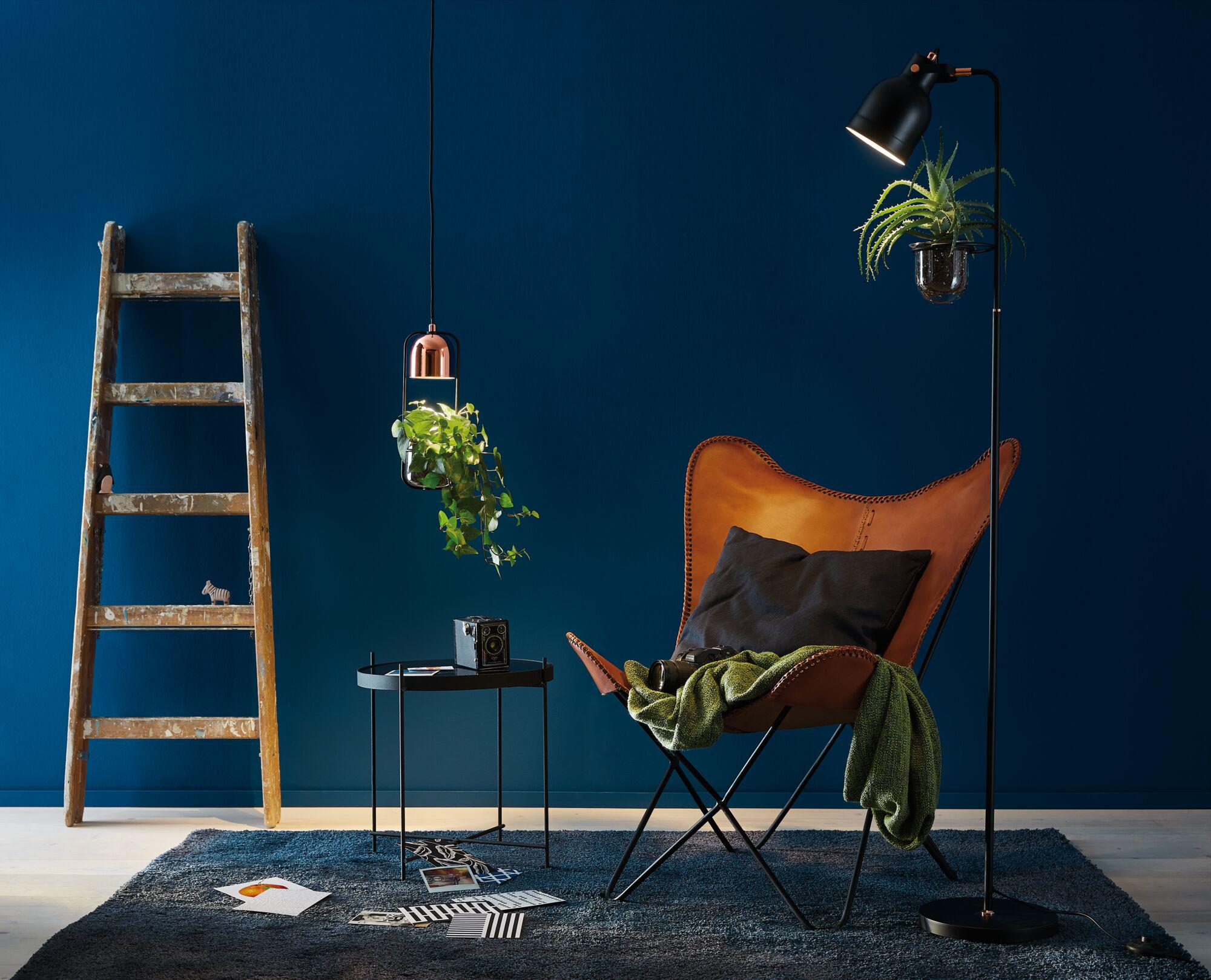 Modern black and copper plant lights illuminate green plants against a dark blue wall in a living room.