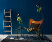 Modern black and copper plant lights illuminate green plants against a dark blue wall in a living room.