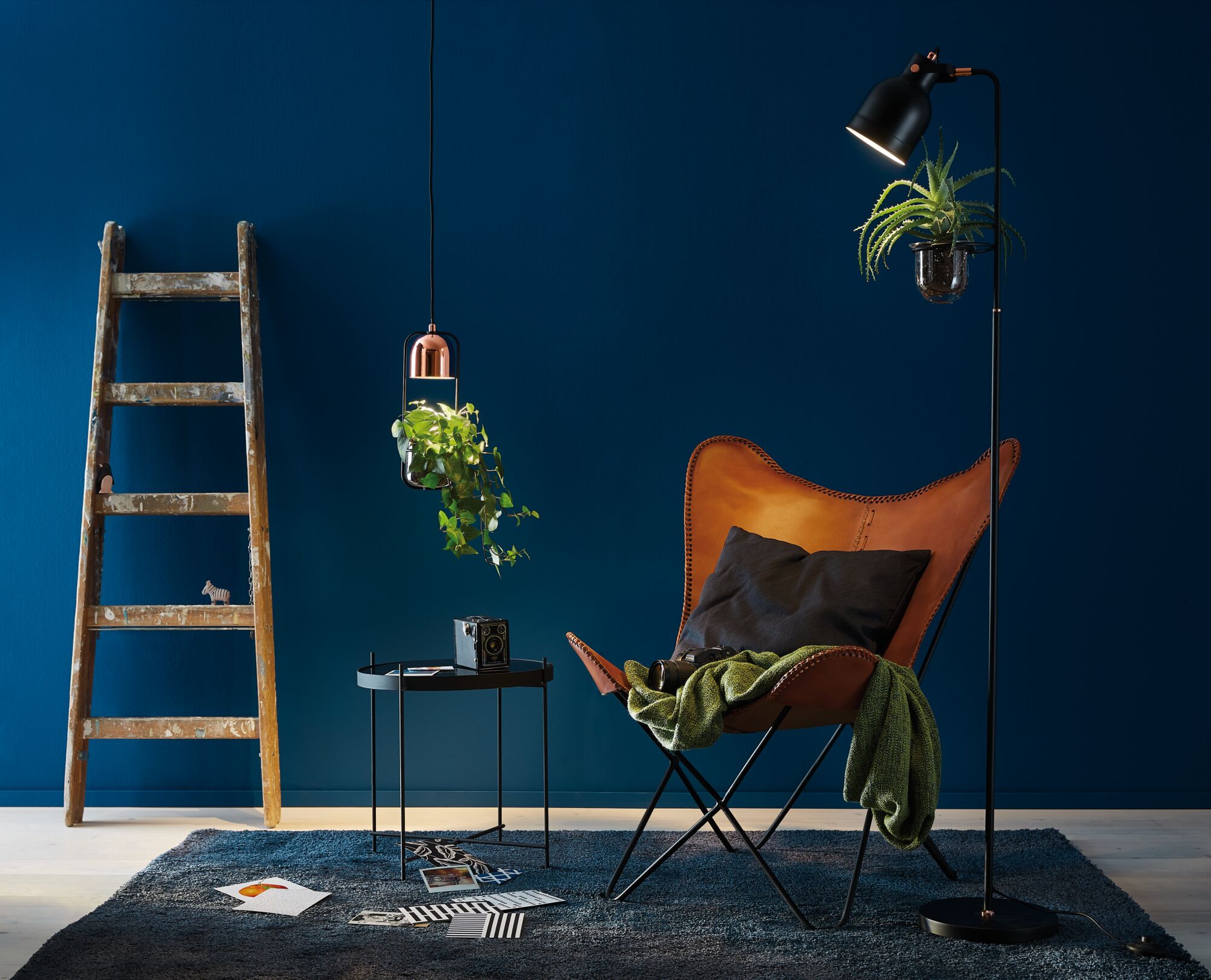 Lampes pour plantes modernes noires et cuivre éclairant des plantes vertes devant un mur bleu foncé dans un salon.