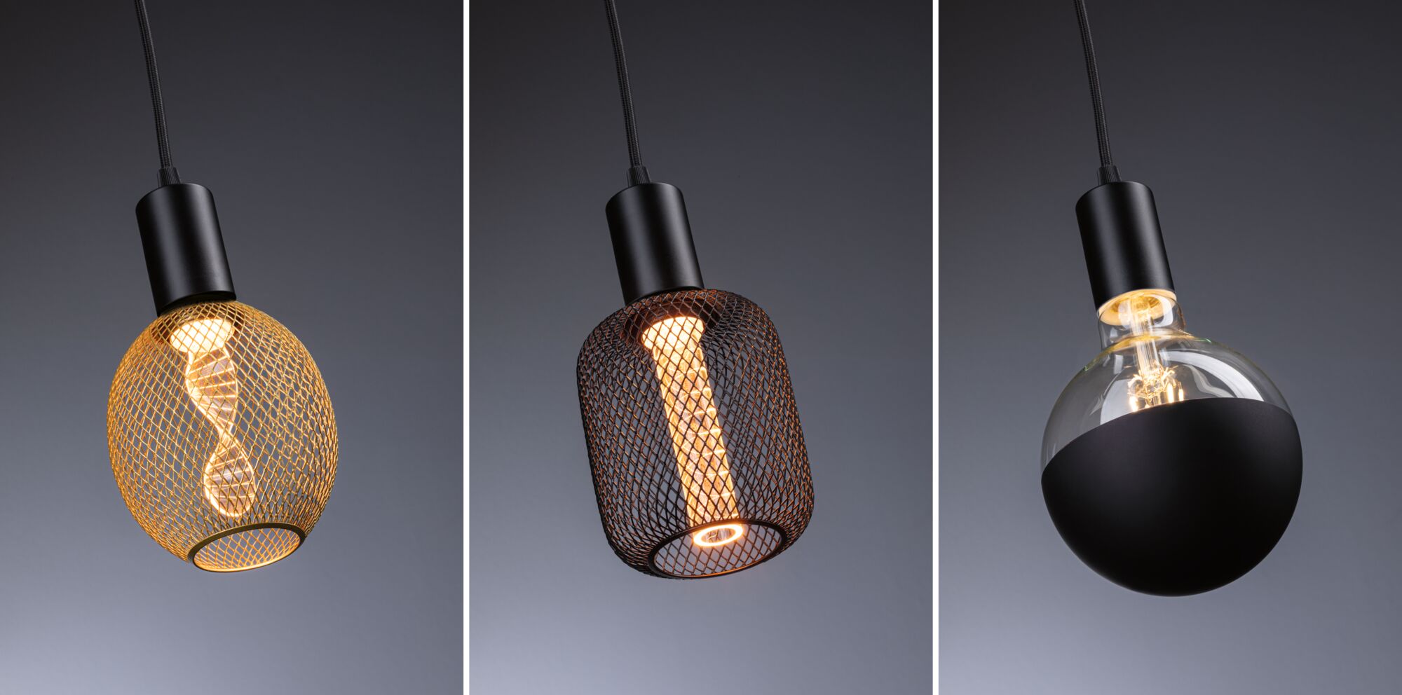 Trois suspensions modernes en métal noir avec lumière LED blanc chaud pour un éclairage élégant.