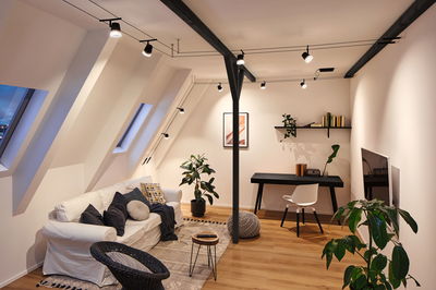 Modernes Wohnzimmer mit schwarzer Paulmann LED-Schienenbeleuchtung und gemütlicher Einrichtung in Weiß und Holz.