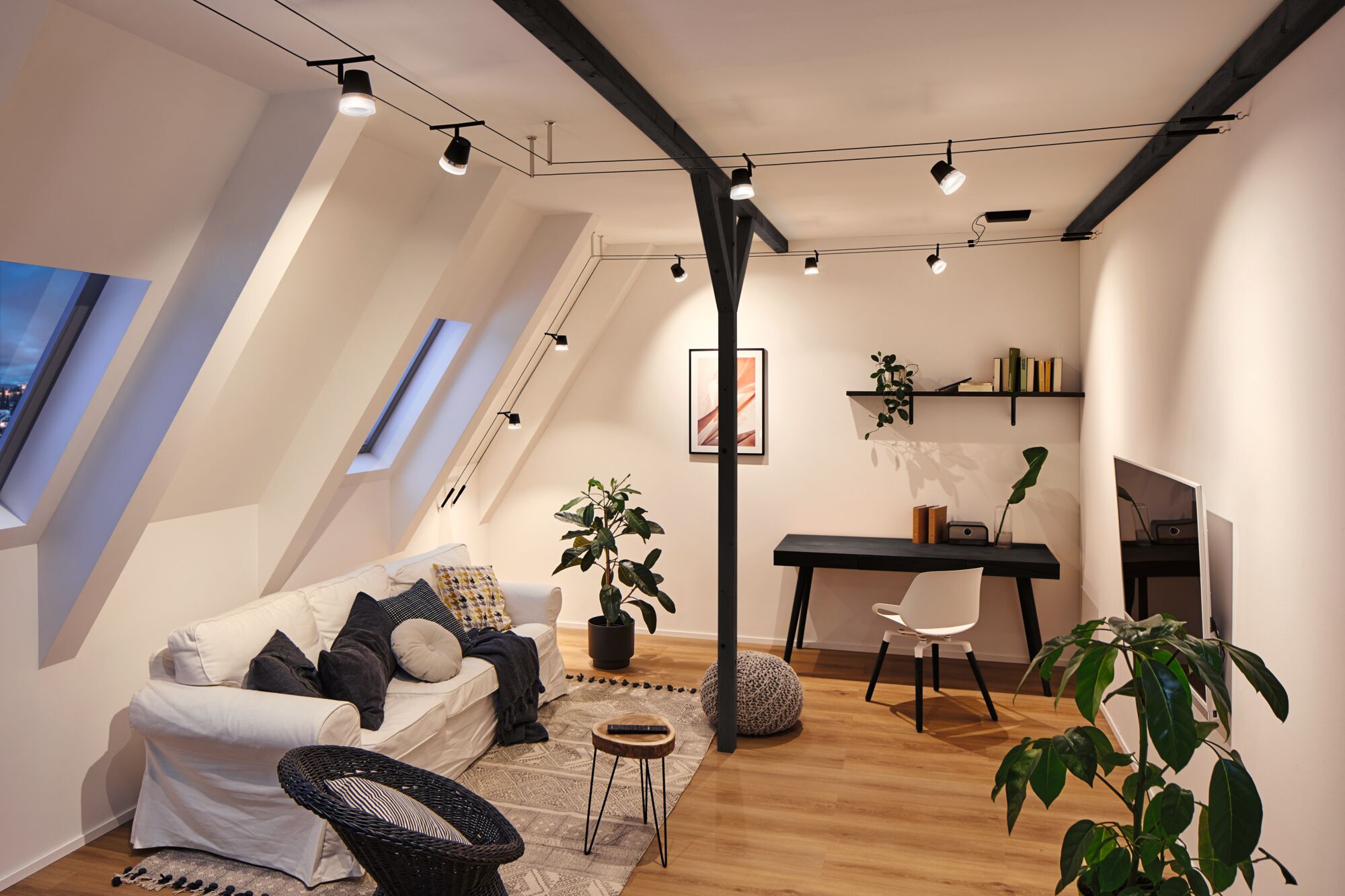 Modernes Wohnzimmer mit schwarzem Seil-Lichtsystem und weißen Wänden, Holzfußboden und gemütlicher Einrichtung