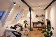 Modernes Wohnzimmer mit schwarzem Seil-Lichtsystem und weißen Wänden, Holzfußboden und gemütlicher Einrichtung