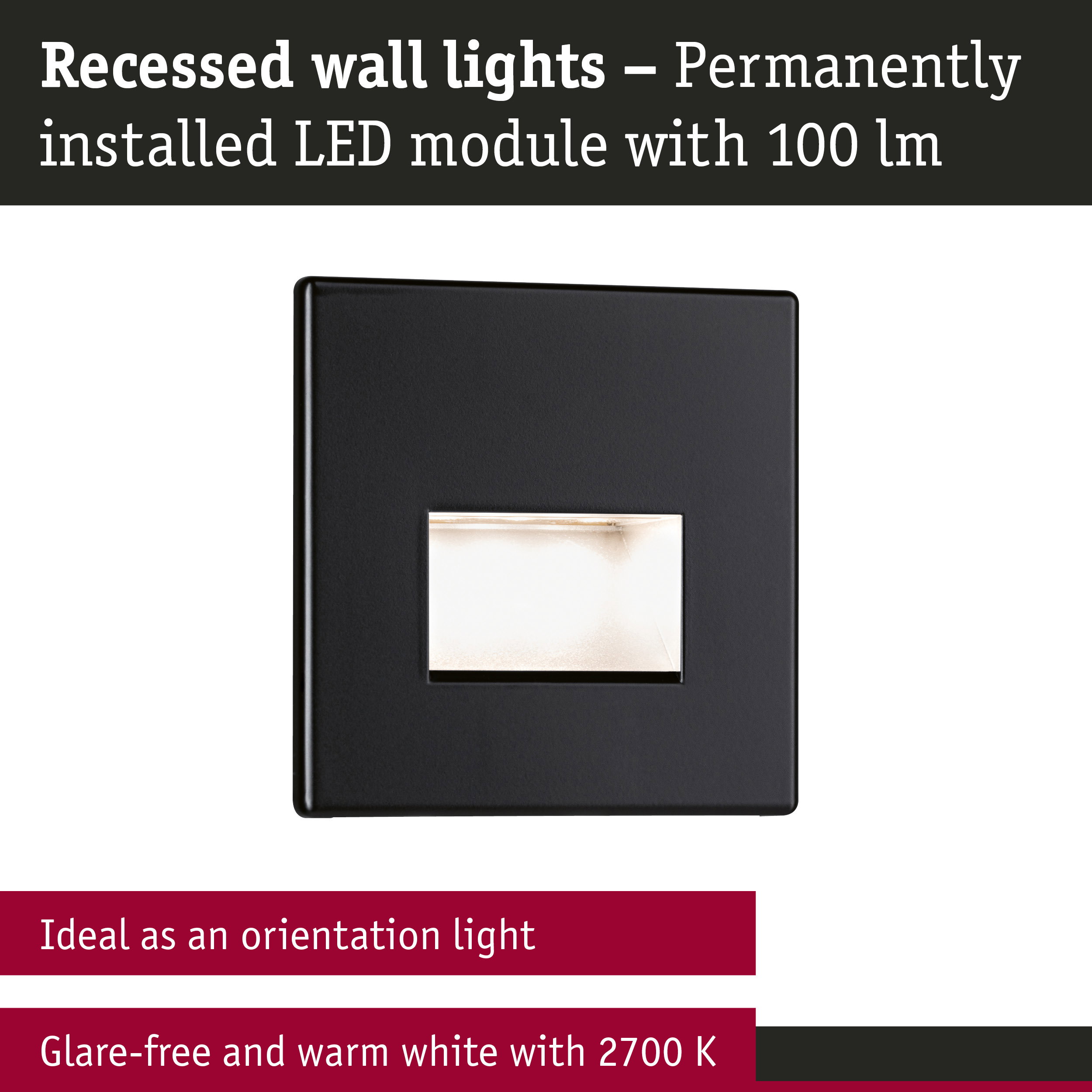 Black recessed LED wall light with glare-free warm white 2700K illumination, perfect as orientation lighting