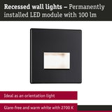 Black recessed LED wall light with glare-free warm white 2700K illumination, perfect as orientation lighting